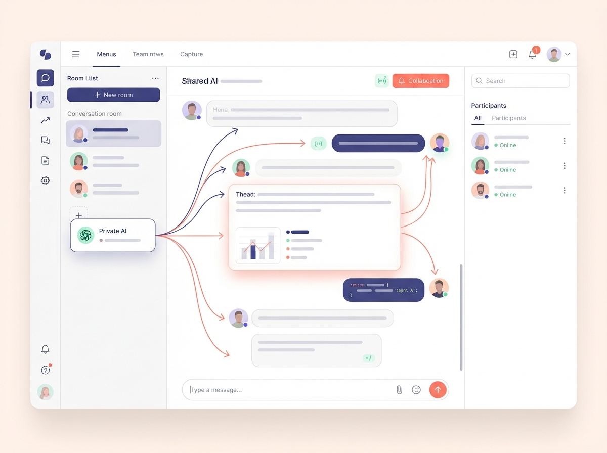 A private AI conversation opening into a shared room while its context stays connected